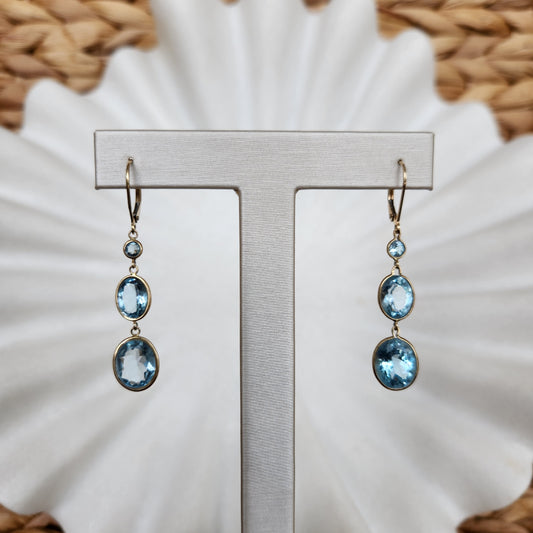 14 Karat Yellow Gold Triple Tier Sky Blue Topaz Dangle Earrings With Leverbacks