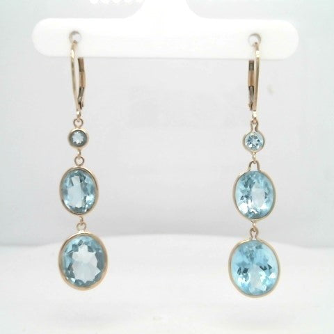 14 Karat Yellow Gold Triple Tier Sky Blue Topaz Dangle Earrings With Leverbacks