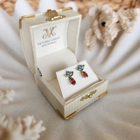 14 Karat Yellow Gold Pink Tourmaline, Tanzanite & Tsavorite Earrings With Floral Motif