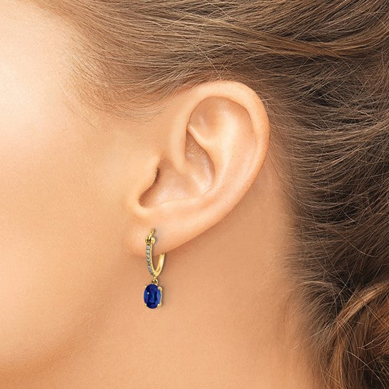 14 Karat Yellow Gold Diamond And Sapphire Dangle Hoop Earrings