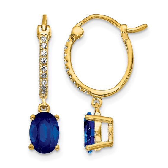 14 Karat Yellow Gold Diamond And Sapphire Dangle Hoop Earrings