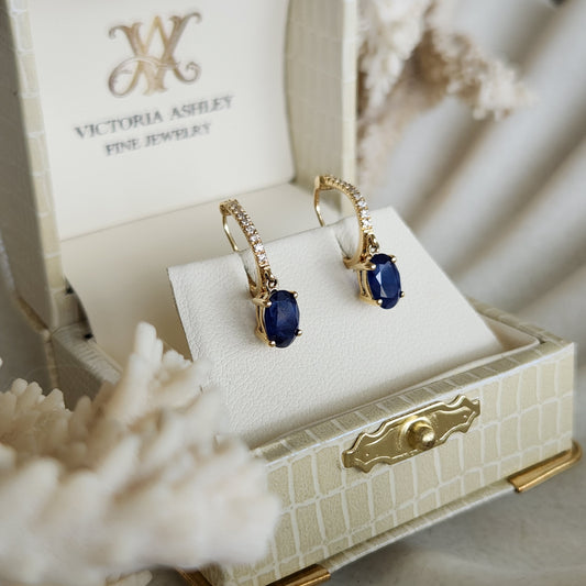 14 Karat Yellow Gold Diamond And Sapphire Dangle Hoop Earrings