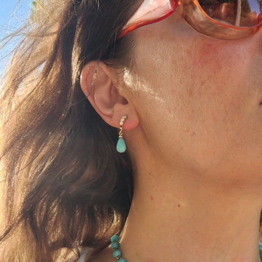 14 Karat Yellow Gold Amazonite Drop Earrings With Diamonds