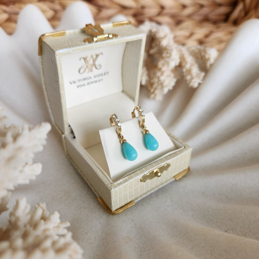 14 Karat Yellow Gold Amazonite Drop Earrings With Diamonds