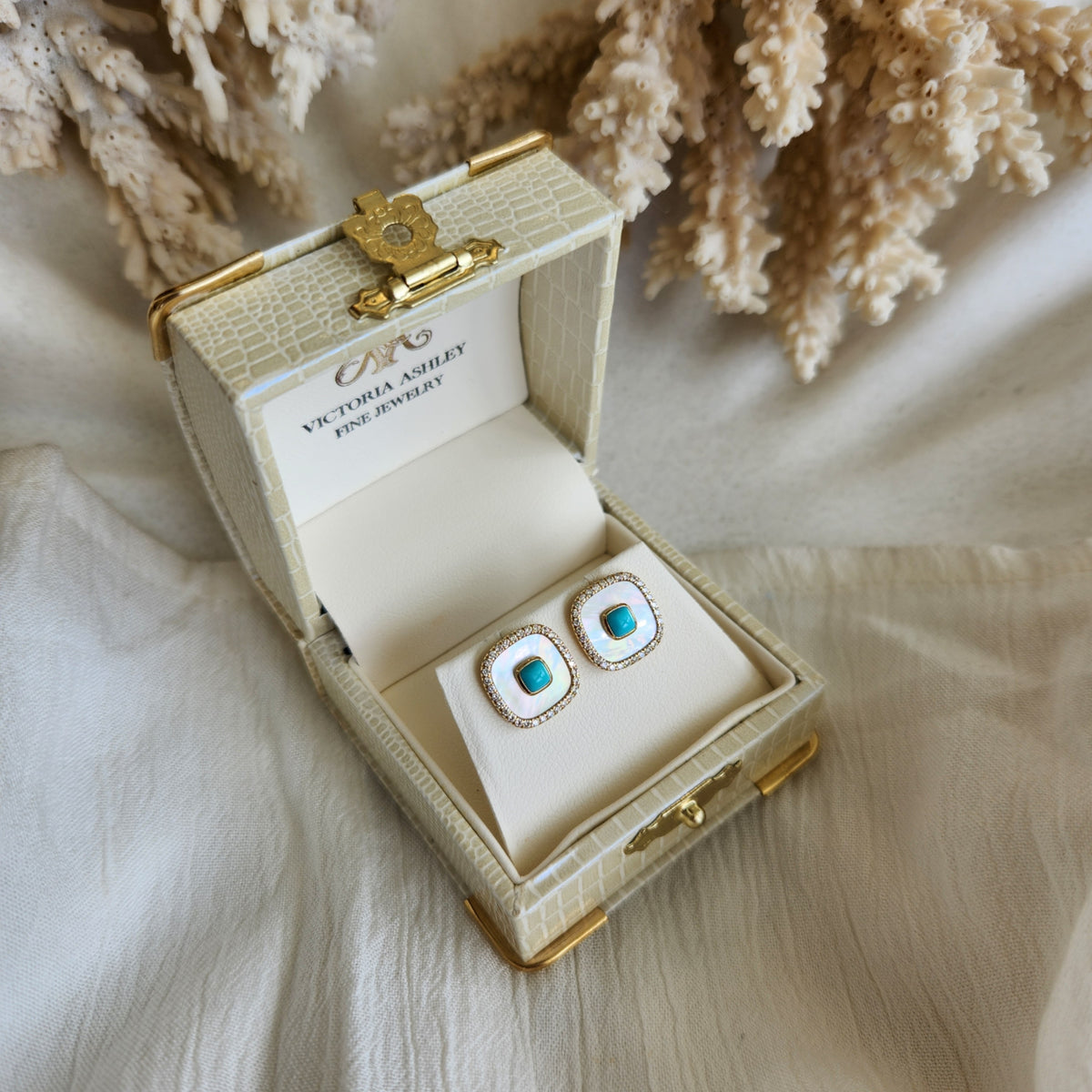 14 Karat Yellow Gold Cushion Shaped Mother Of Pearl, Turquoise & Diamond Earrings