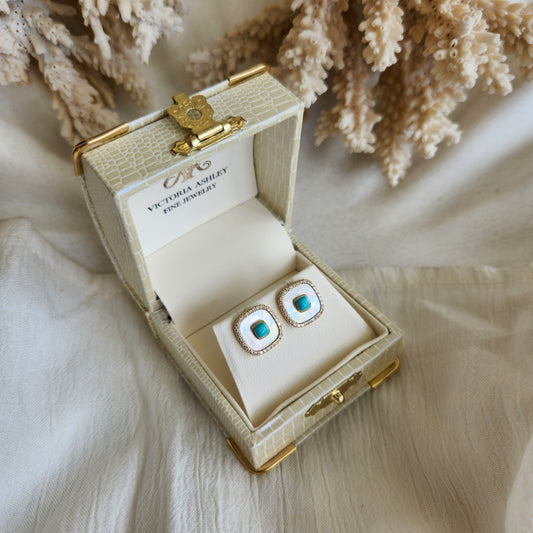14 Karat Yellow Gold Cushion Shaped Mother Of Pearl, Turquoise & Diamond Earrings