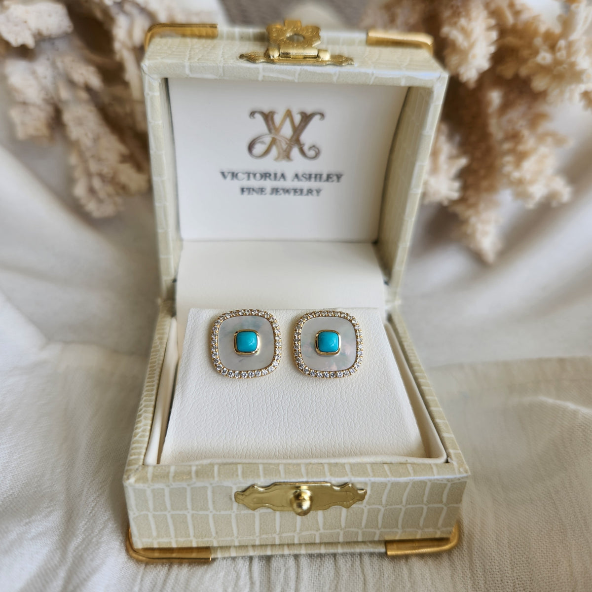 14 Karat Yellow Gold Cushion Shaped Mother Of Pearl, Turquoise & Diamond Earrings