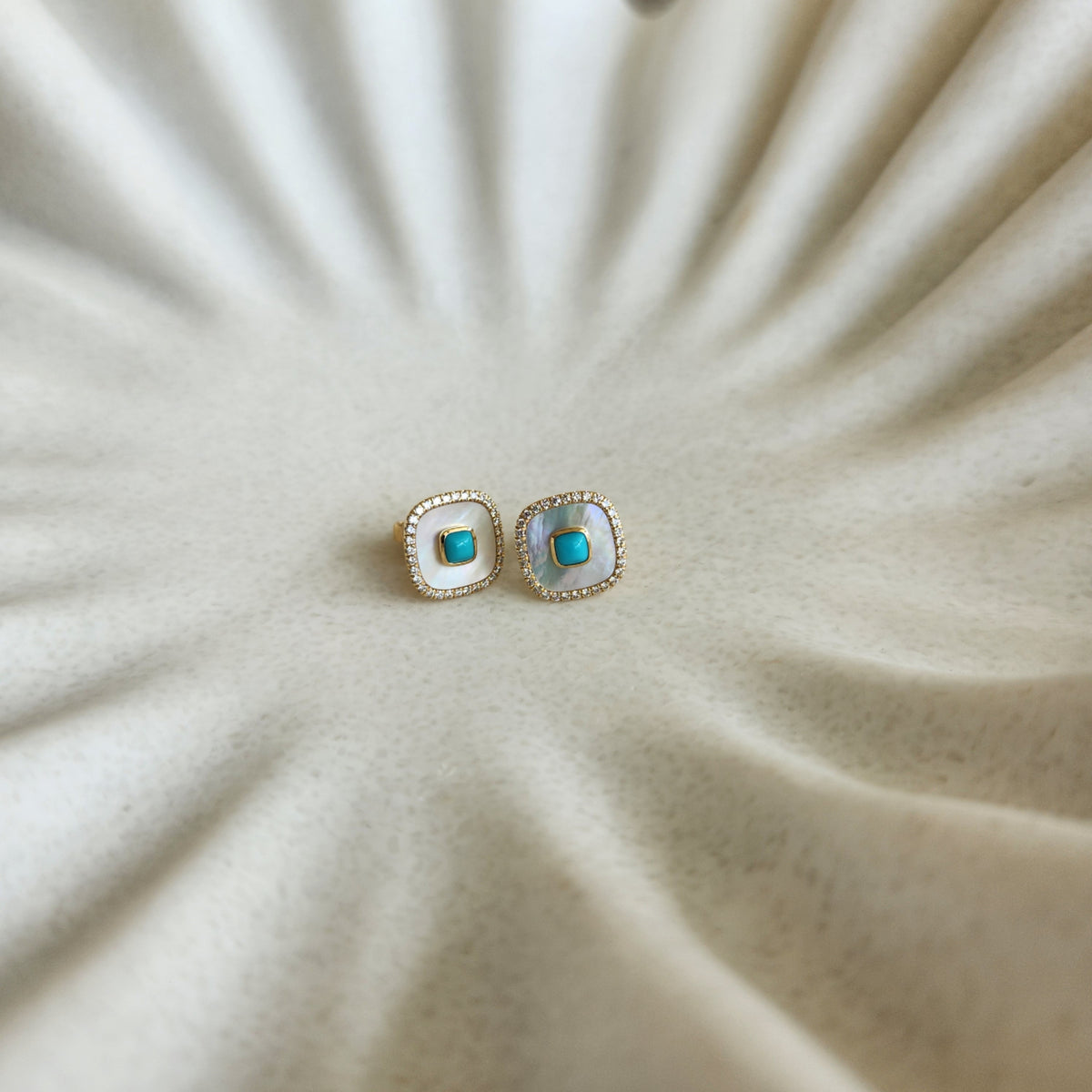 14 Karat Yellow Gold Cushion Shaped Mother Of Pearl, Turquoise & Diamond Earrings