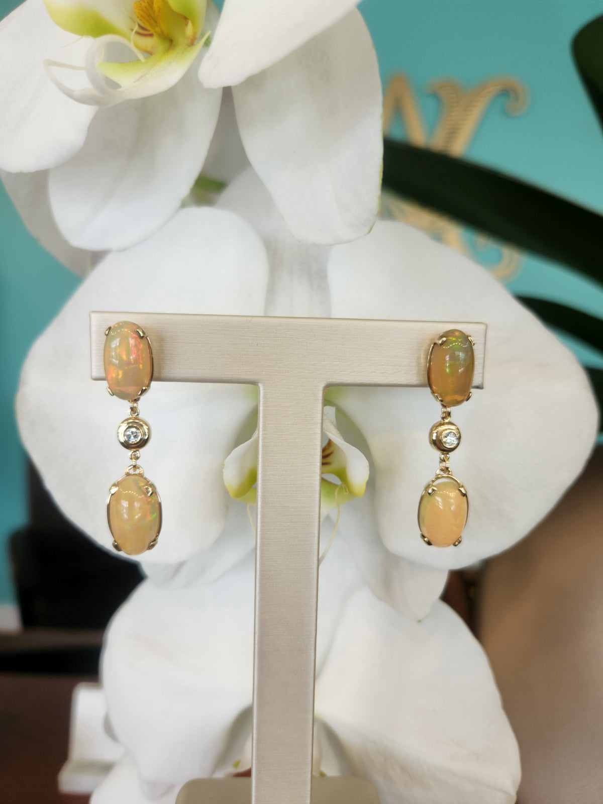 14 Karat Yellow Gold Ethiopian Welo Opal & Diamond Dangle Earrings