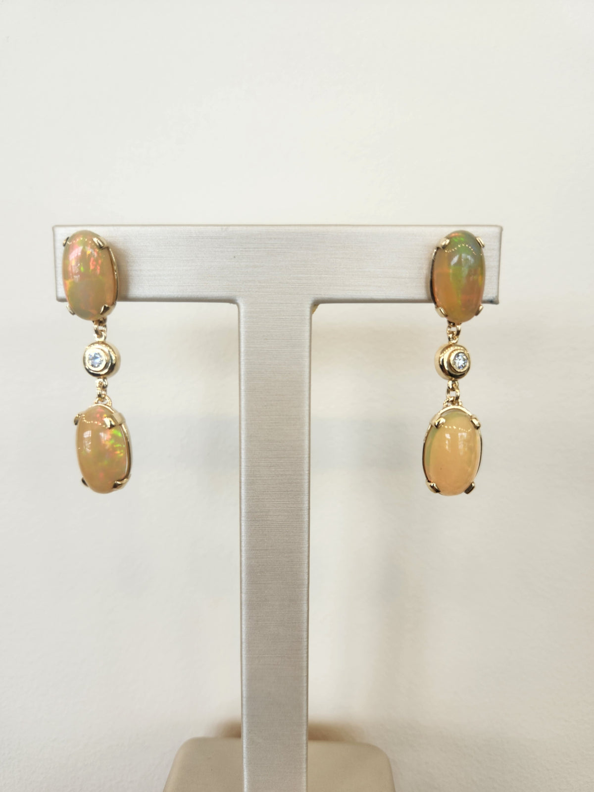 14 Karat Yellow Gold Ethiopian Welo Opal & Diamond Dangle Earrings