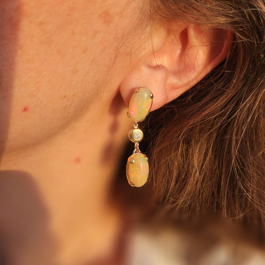 14 Karat Yellow Gold Ethiopian Welo Opal & Diamond Dangle Earrings