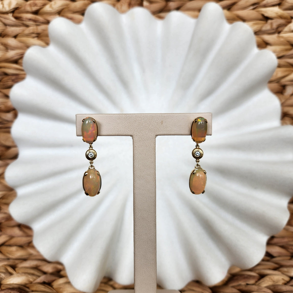 14 Karat Yellow Gold Ethiopian Welo Opal & Diamond Dangle Earrings