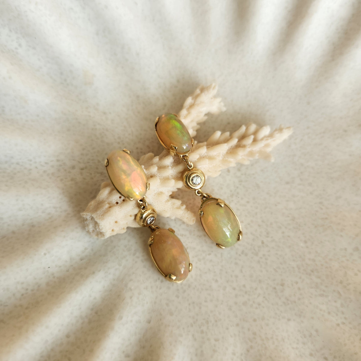 14 Karat Yellow Gold Ethiopian Welo Opal & Diamond Dangle Earrings