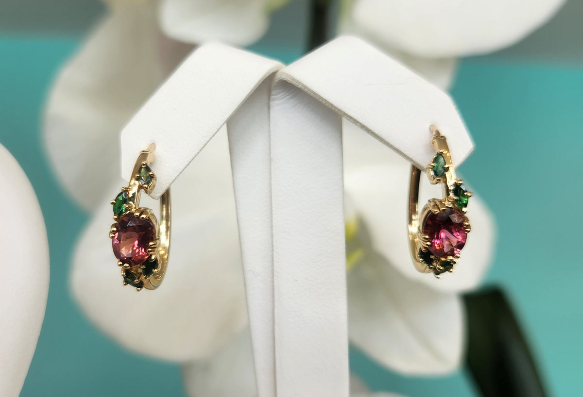 14 Karat Yellow Gold "Flora" Hoop Style Earrings With Pink Tourmaline And Tsavorites