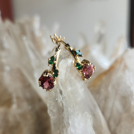 14 Karat Yellow Gold "Flora" Hoop Style Earrings With Pink Tourmaline And Tsavorites