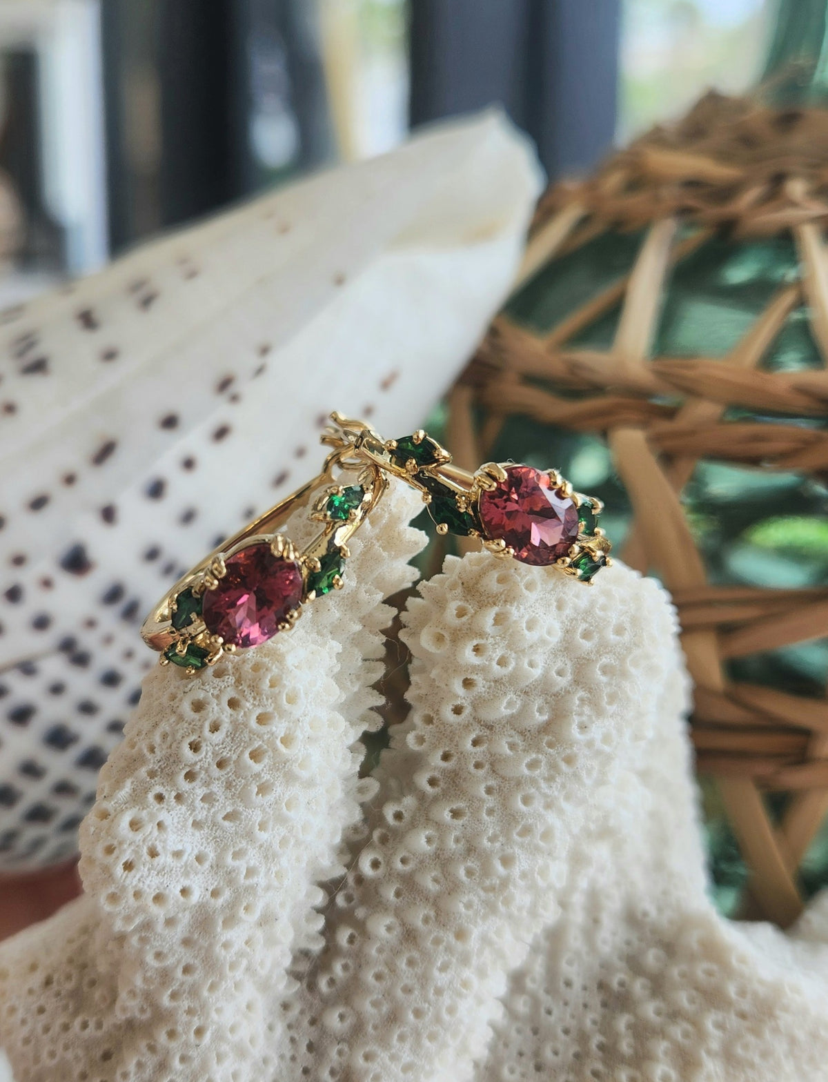 14 Karat Yellow Gold "Flora" Hoop Style Earrings With Pink Tourmaline And Tsavorites