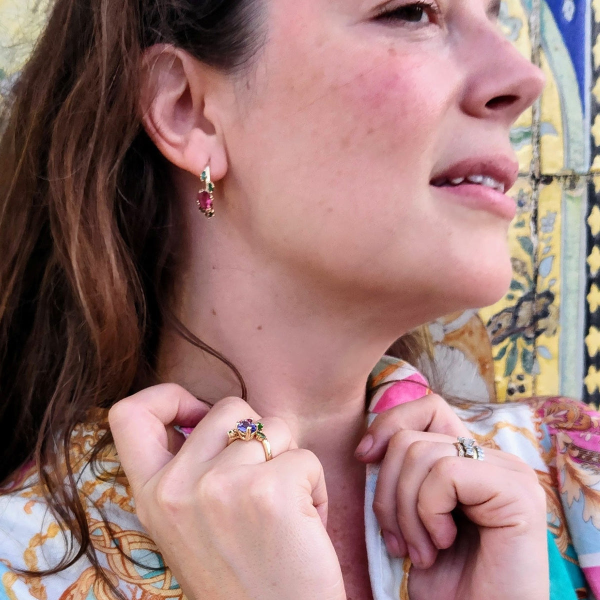 14 Karat Yellow Gold "Flora" Hoop Style Earrings With Pink Tourmaline And Tsavorites