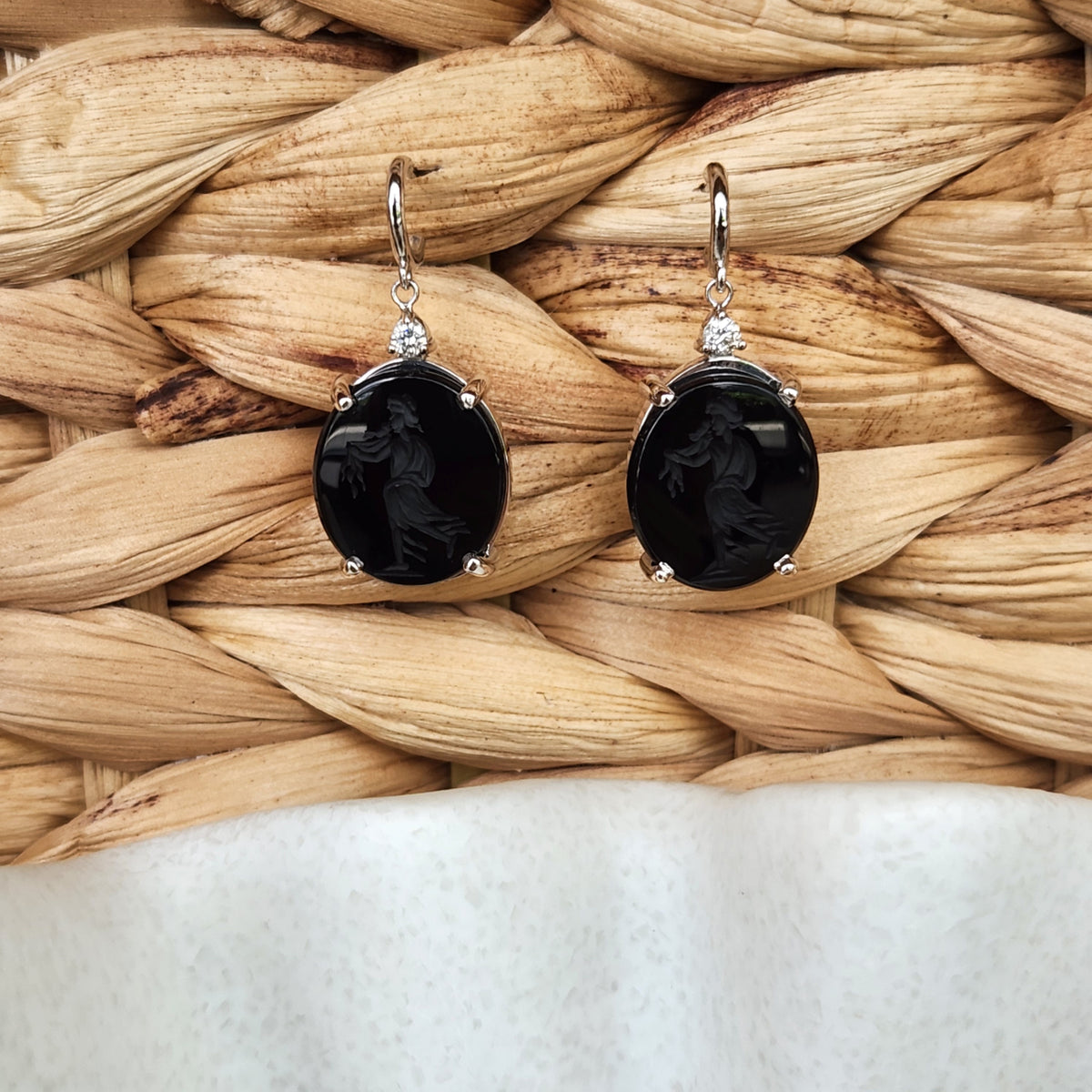 14 Karat White Gold Oval Black Onyx Carved "Roman Goddess" Intaglio & Diamond Earrings