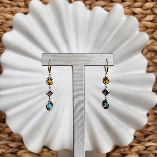 14 Karat Yellow Gold 3 Tier Bezel Set Gemstone Earrings With Leverbacks