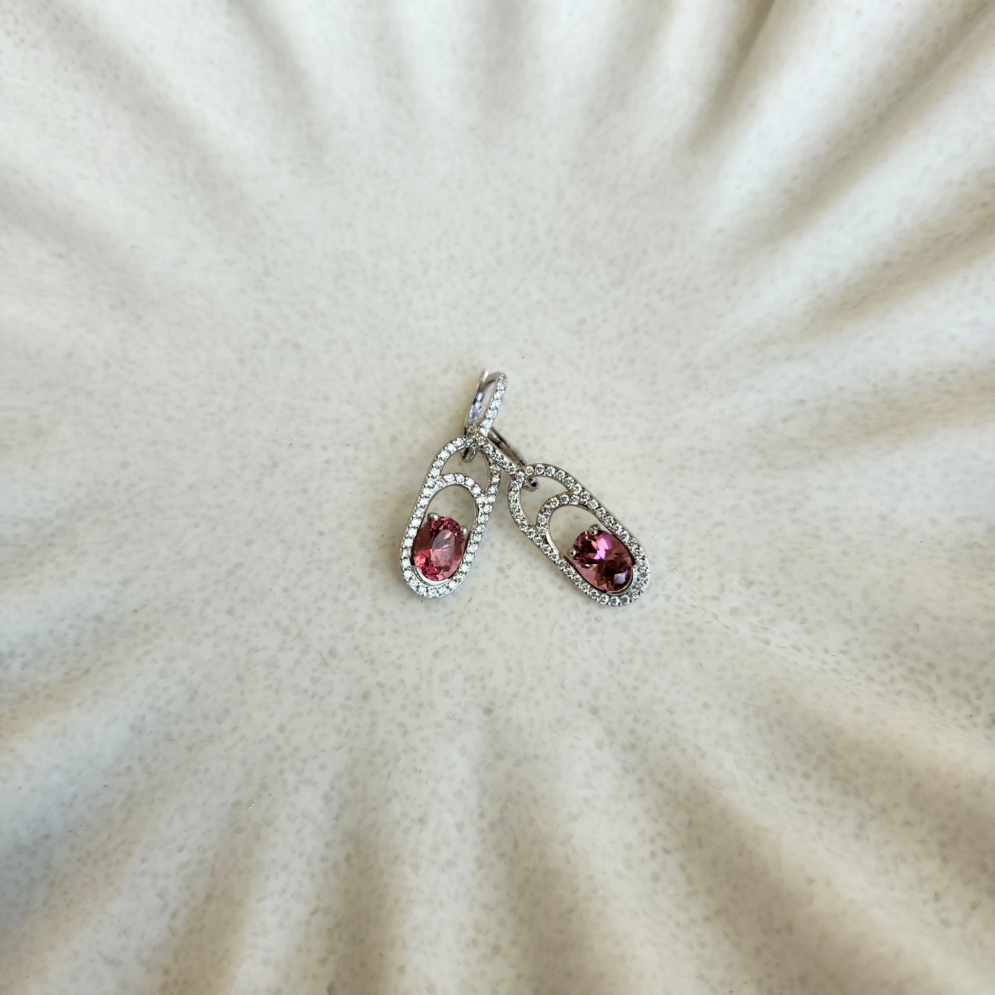 18 Karat White Gold Pink Tourmaline & Diamond Dangle Earrings With Leverbacks