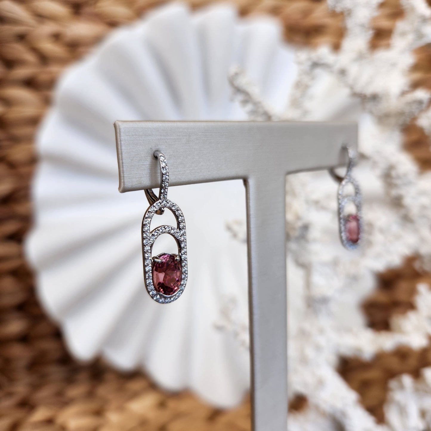 18 Karat White Gold Pink Tourmaline & Diamond Dangle Earrings With Leverbacks