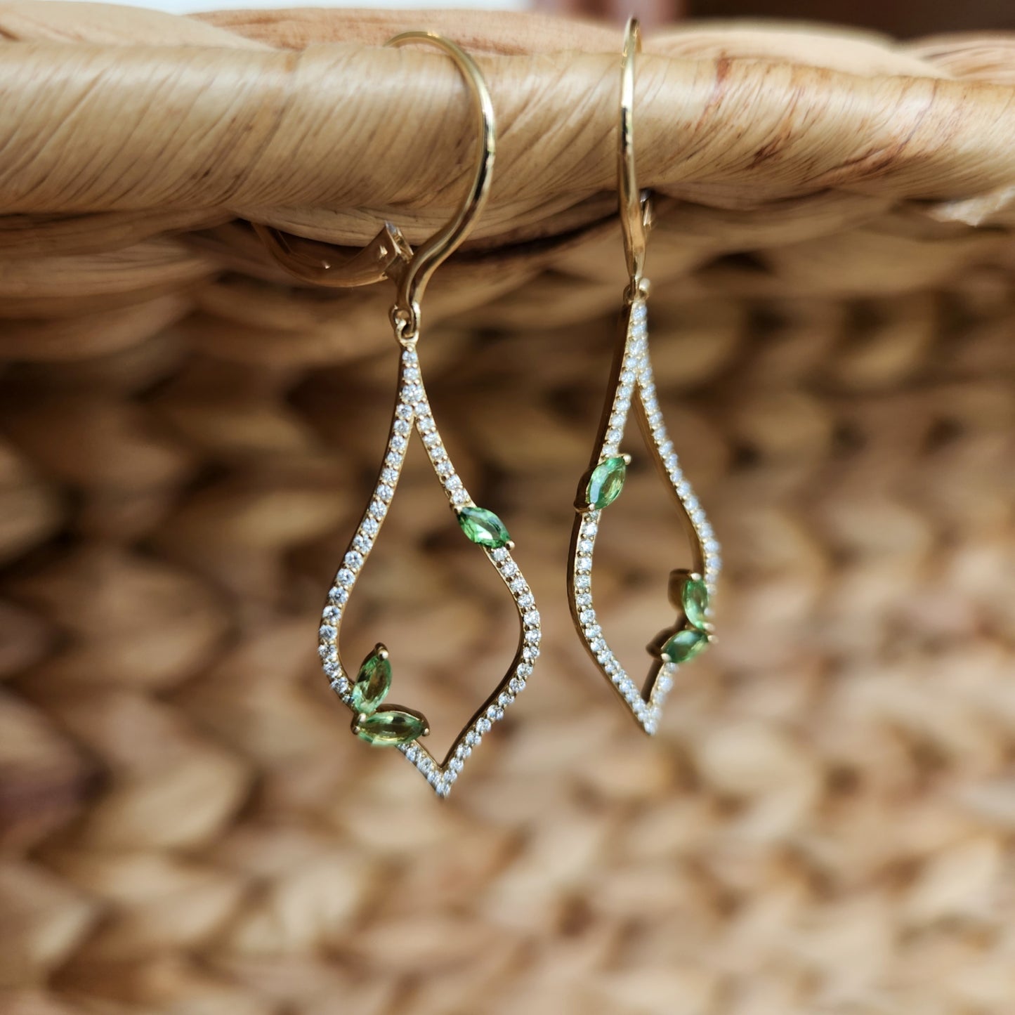 14 Karat Yellow Gold Green Garnet And Diamond Earrings