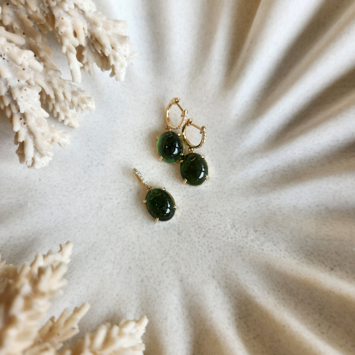 14 Karat Yellow Gold Cabochon Green Tourmaline Dangle Earrings With Diamond Accented Hoops