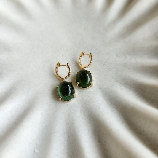14 Karat Yellow Gold Cabochon Green Tourmaline Dangle Earrings With Diamond Accented Hoops