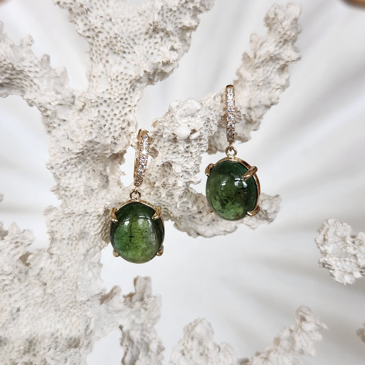 14 Karat Yellow Gold Cabochon Green Tourmaline Dangle Earrings With Diamond Accented Hoops