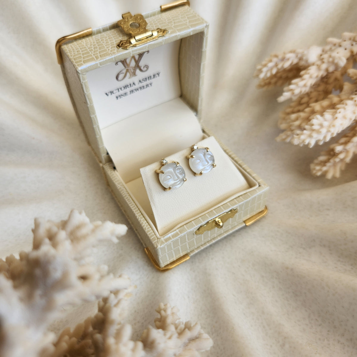 14 Karat Yellow Gold Carved "Man In The Moon" Moonstone Stud Earrings