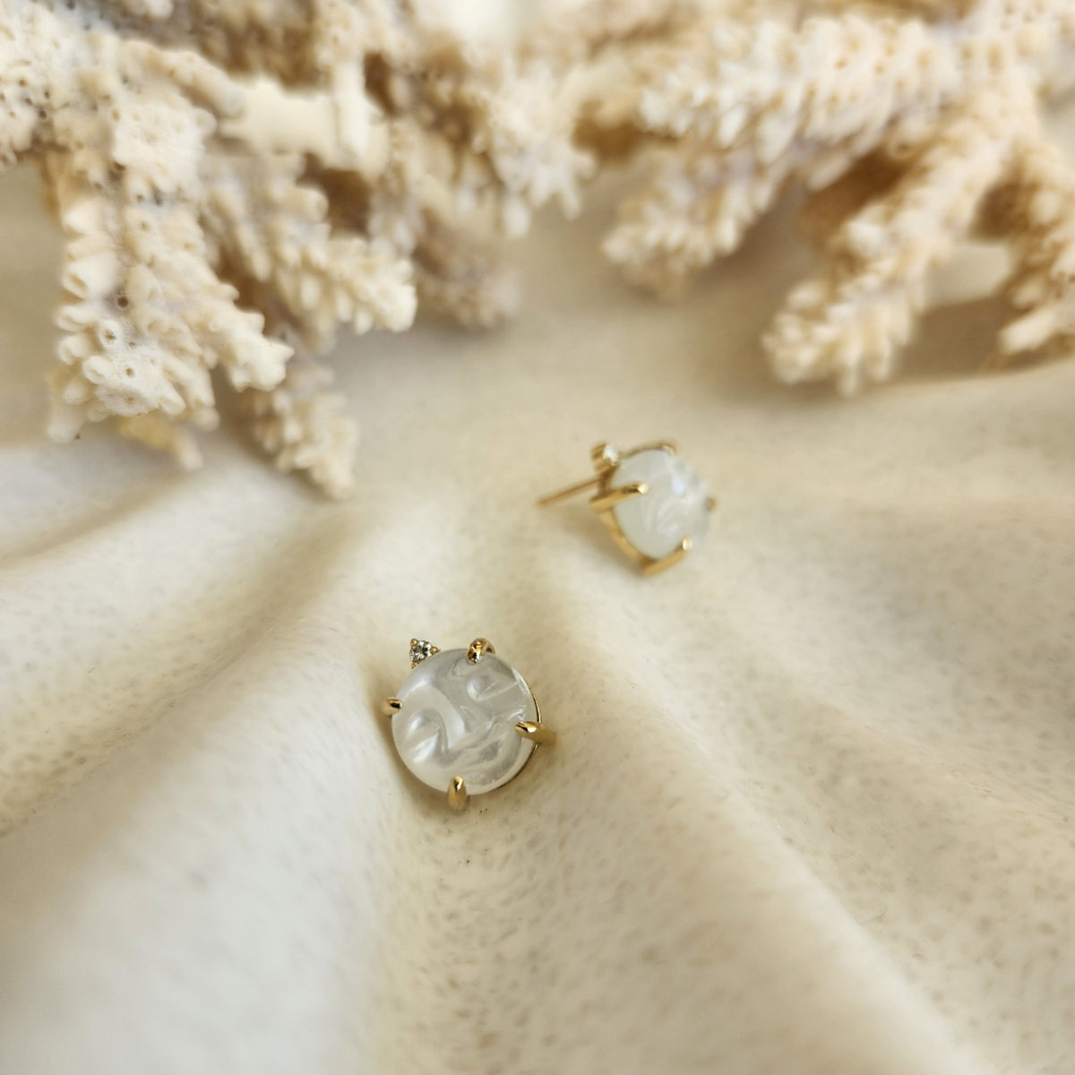 14 Karat Yellow Gold Carved "Man In The Moon" Moonstone Stud Earrings
