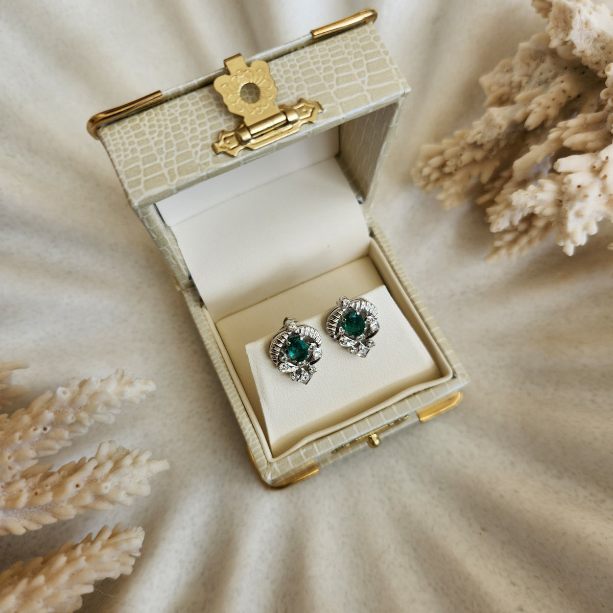 18 Karat White Gold Emerald & Diamond Earrings