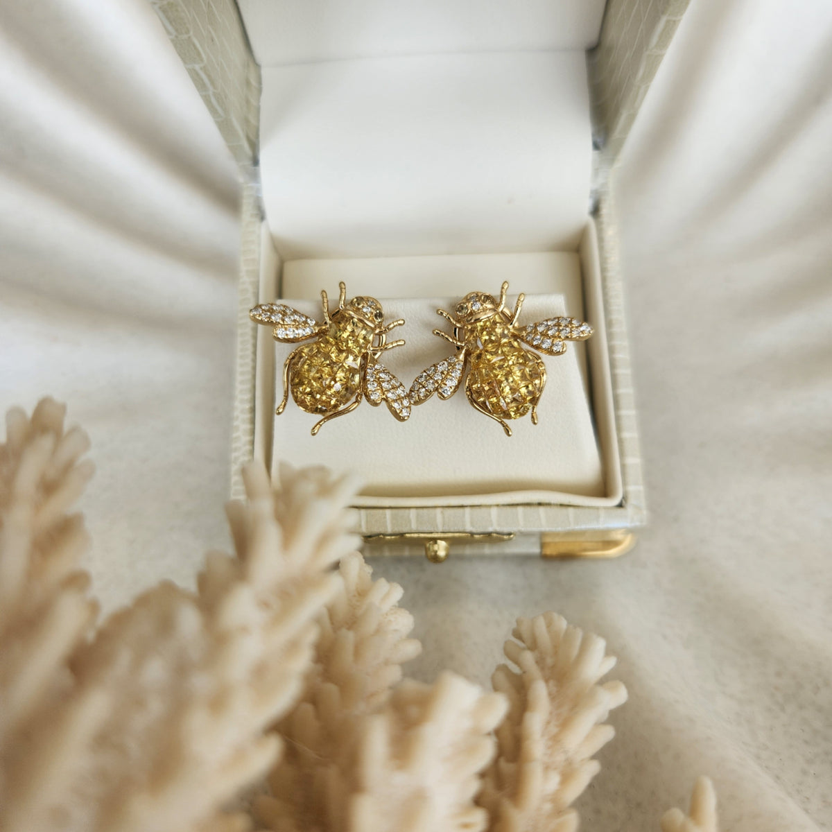 18 Karat Yellow Gold Sapphire And Diamond Bee Earrings