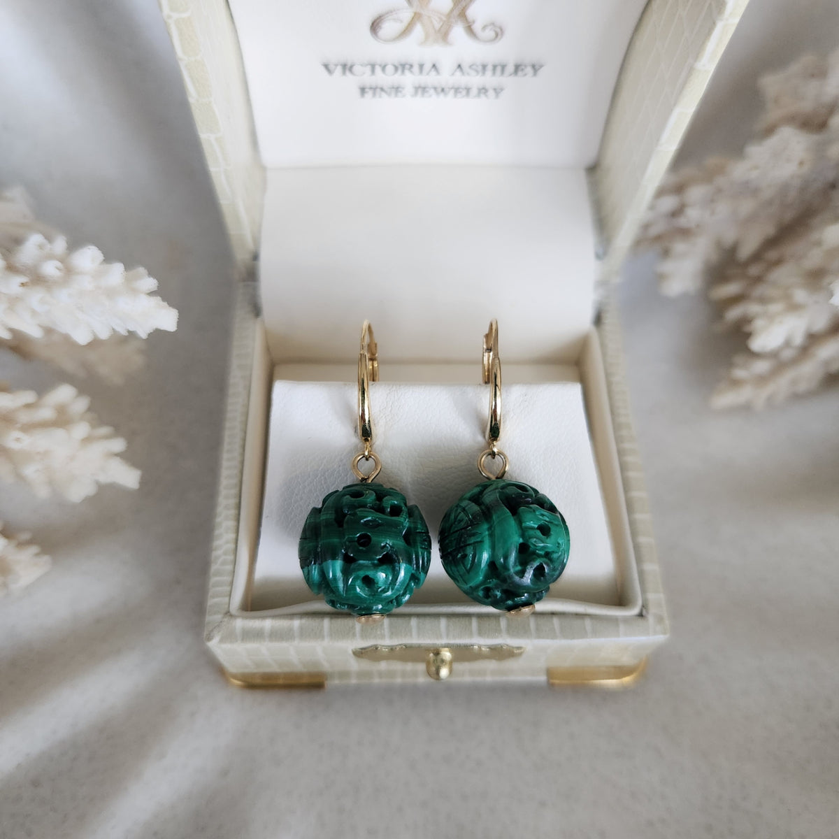14 Karat Yellow Gold 14 Mm Carved Malachite Dangle Earrings With Leverbacks