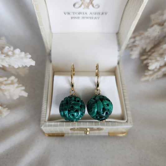 14 Karat Yellow Gold 14 Mm Carved Malachite Dangle Earrings With Leverbacks