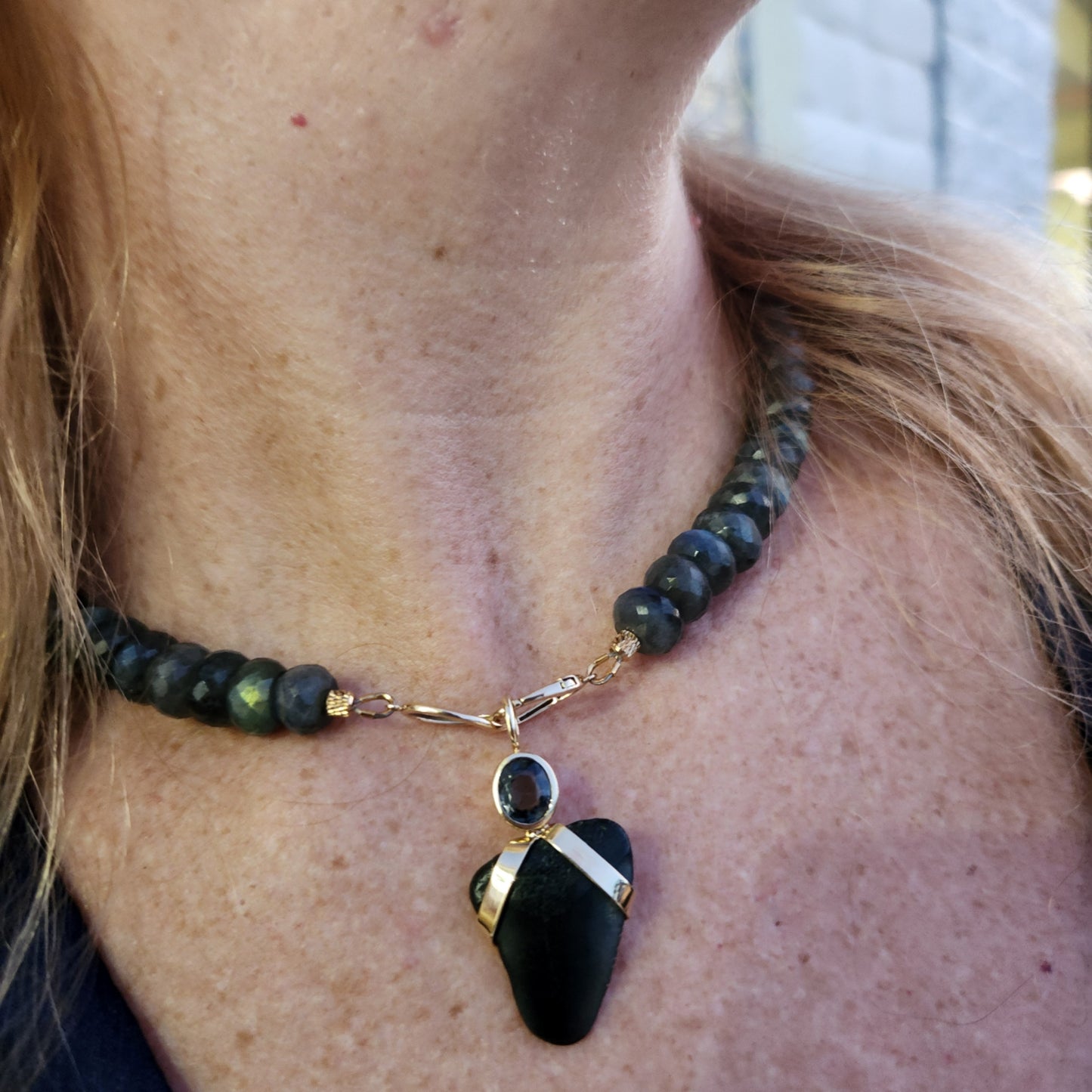 14 Karat Yellow Gold Small Florida Megalodon Shark's Tooth & Grey Spinel Amulet Pendant