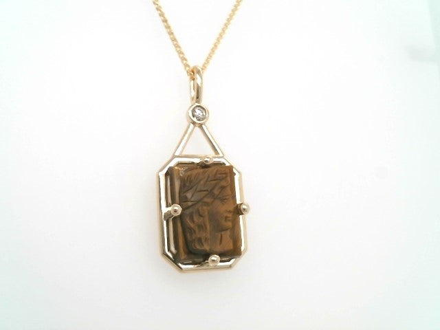 14 Karat Yellow Gold Rectangular Carved Tiger's Eye Intaglio Pendant With Diamond Accent