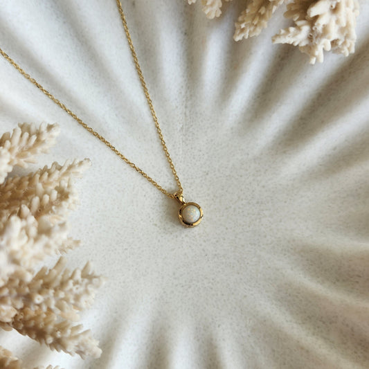 14 Karat Yellow Gold Bezel Set Cabochon White Opal Solitaire Pendant