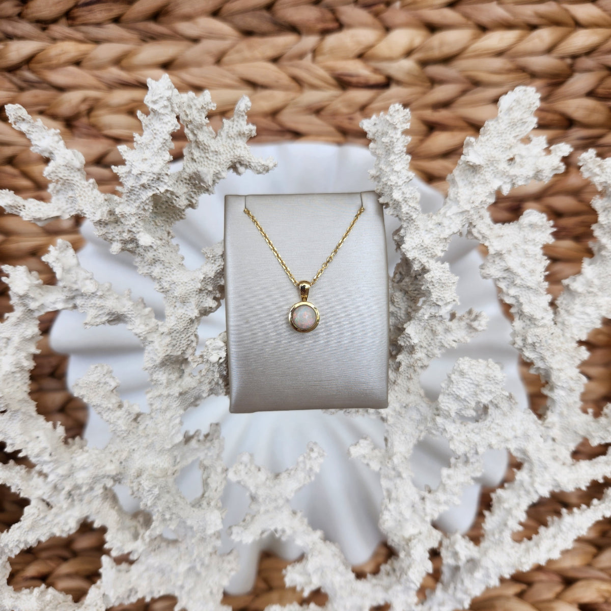 14 Karat Yellow Gold Bezel Set Cabochon White Opal Solitaire Pendant