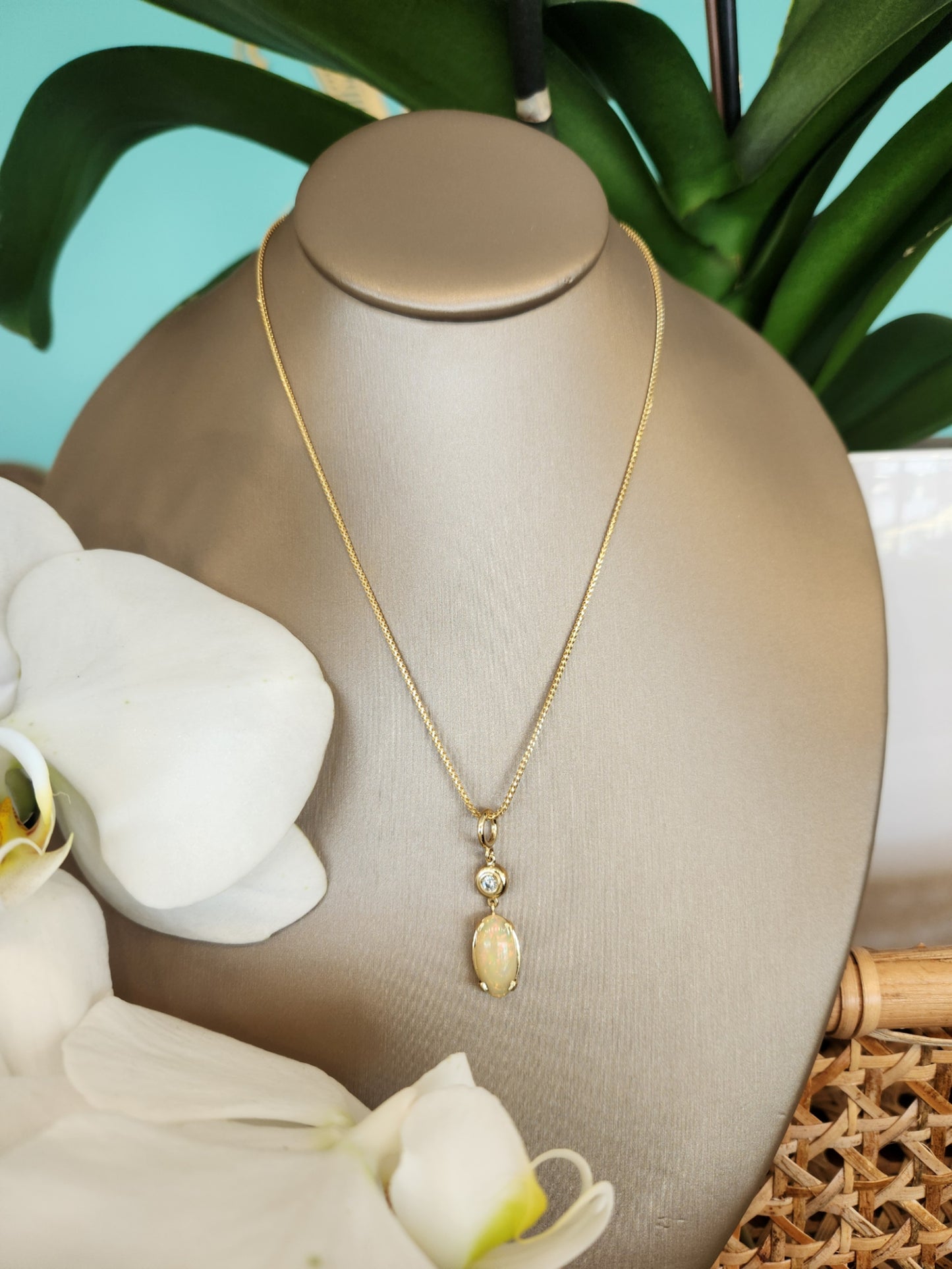 14 Karat Yellow Gold Ethiopian Opal & Diamond Pendant