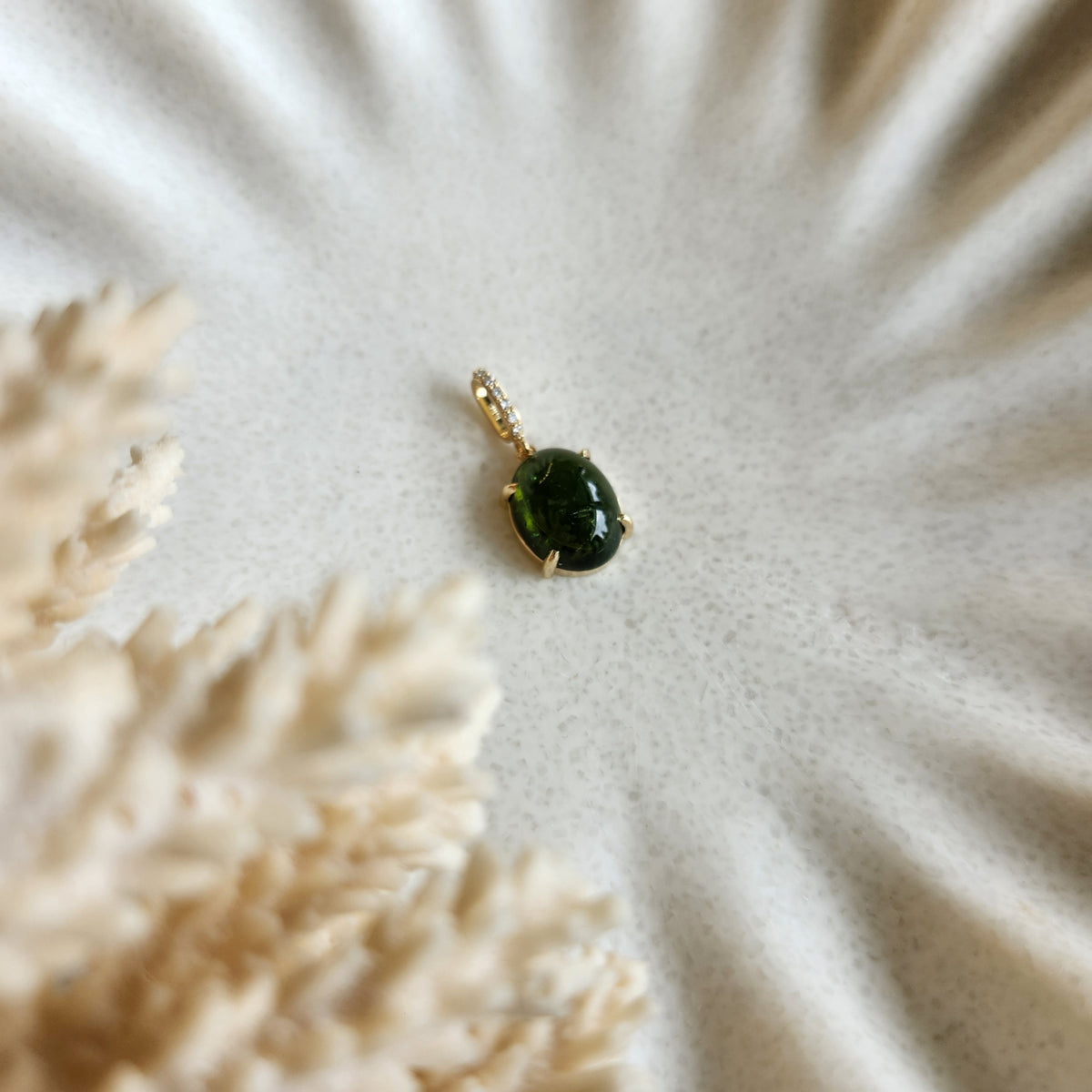14 Karat Yellow Gold Cabochon Green Tourmaline Pendant With Diamond Accented Bail