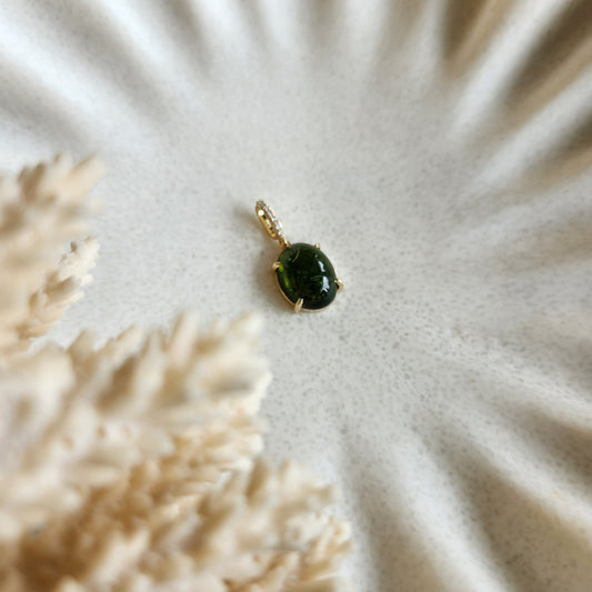 14 Karat Yellow Gold Cabochon Green Tourmaline Pendant With Diamond Accented Bail
