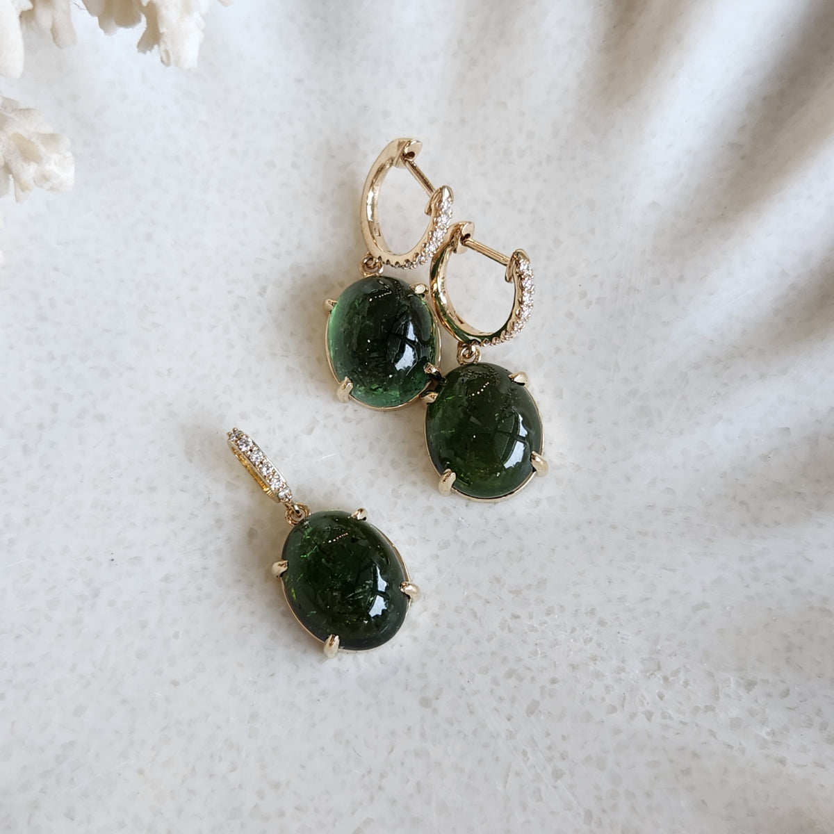 14 Karat Yellow Gold Cabochon Green Tourmaline Pendant With Diamond Accented Bail