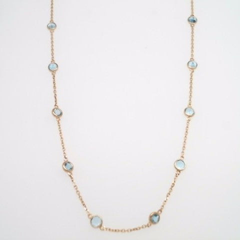 14 Karat Yellow Gold Bezel Set Blue Topaz "By The Yard" Style Necklace 18" With A Loop At 16" And 17" For Adjustable Length