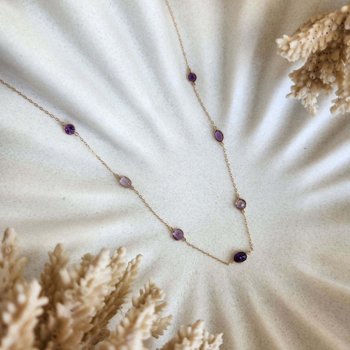 14 Karat Yellow Gold Bezel Set Amethyst "By The Yard" Style Necklace 16-18"