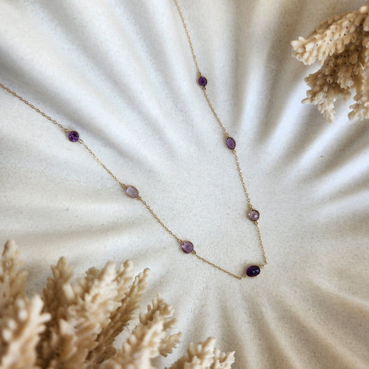 14 Karat Yellow Gold Bezel Set Amethyst "By The Yard" Style Necklace 16-18"