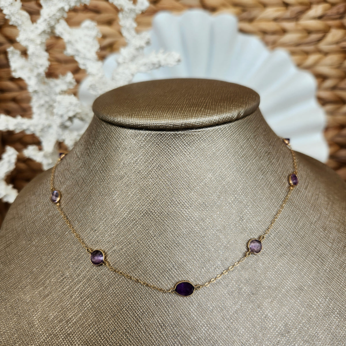 14 Karat Yellow Gold Bezel Set Amethyst "By The Yard" Style Necklace 16-18"