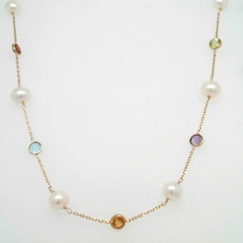 14 Karat Yellow Gold Bezel Set Multi Gemstone And Cultured White Freshwater Pearl "By The Yard" Style Necklace 18"