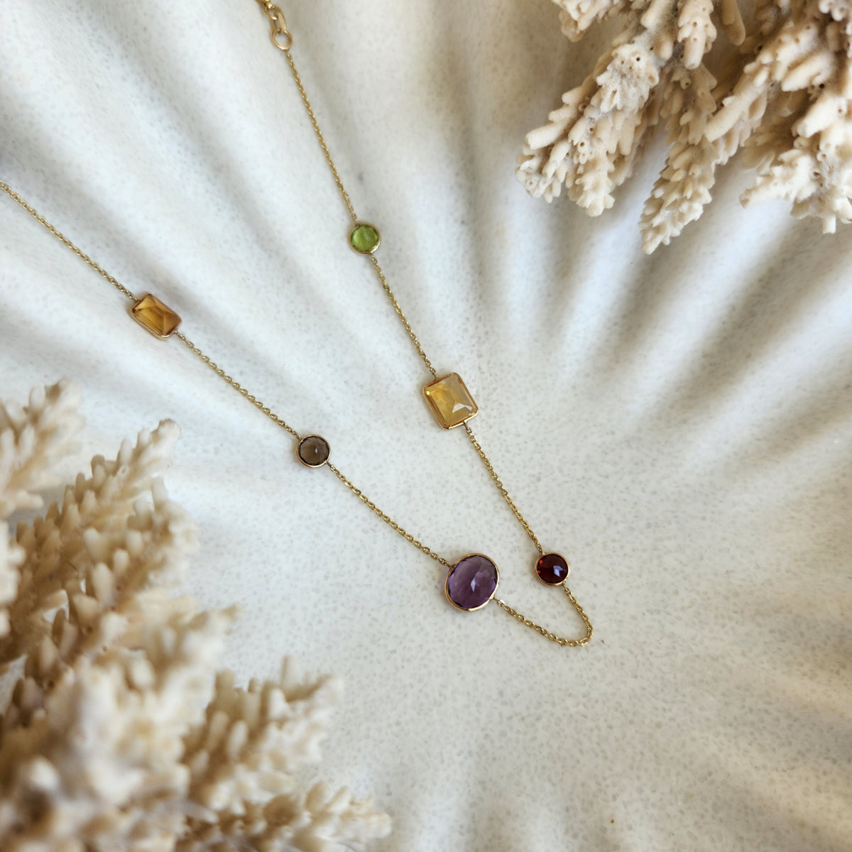 14 Karat Yellow Gold Bezel Set Gemstone "By The Yard" Style Necklace 20"