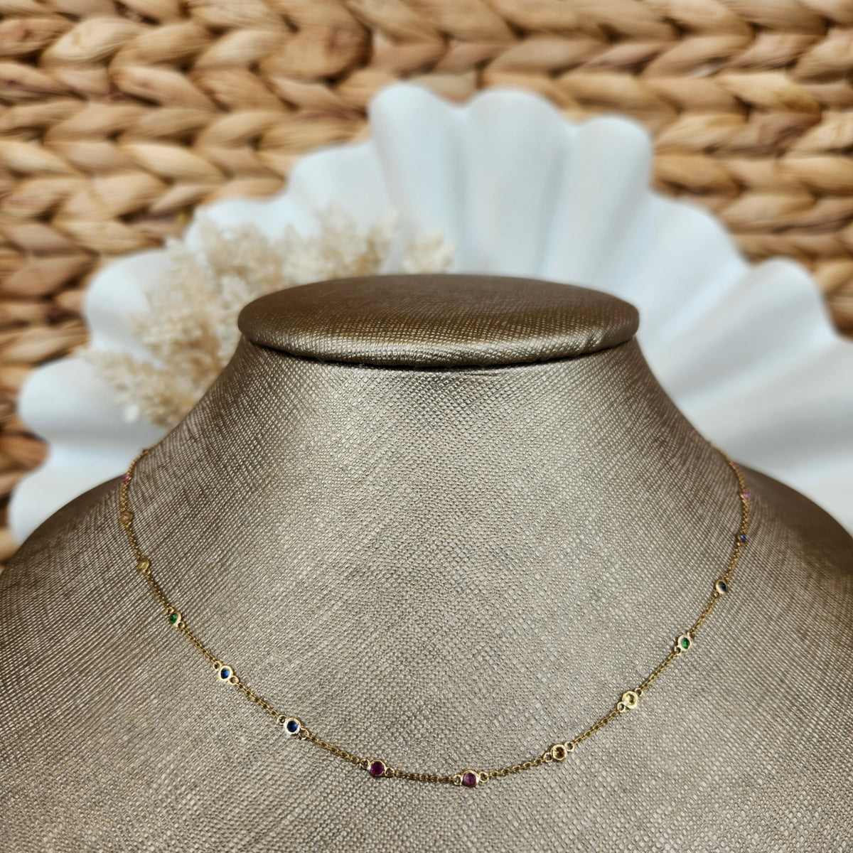 14 Karat Yellow Gold Bezel Set Multi Gem "By The Yard" Style Necklace 16-18"